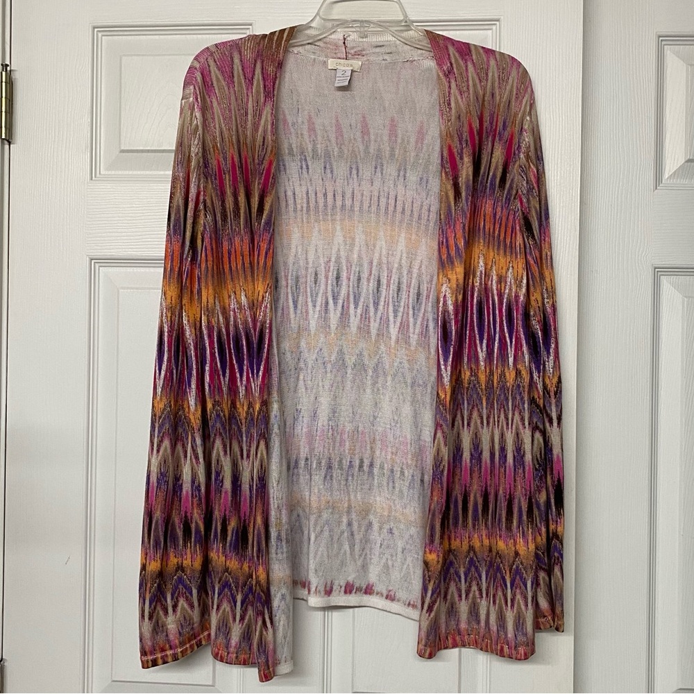 Chico’s Colorful Long Line Lightweight Open Cardigan Sweater Sz L